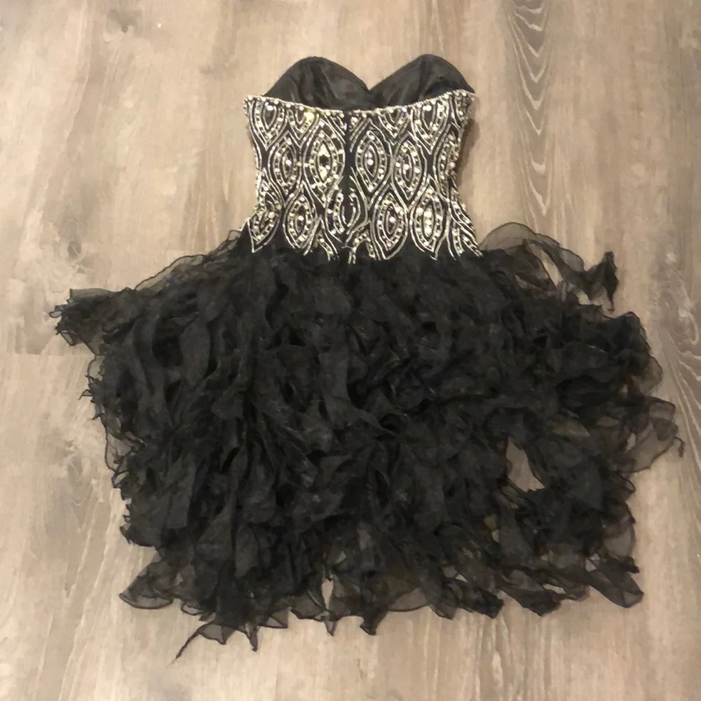 Jovani Black Strapless Beaded Bodice Ruffled Black Skirt Prom Dress - Picture 2 of 4